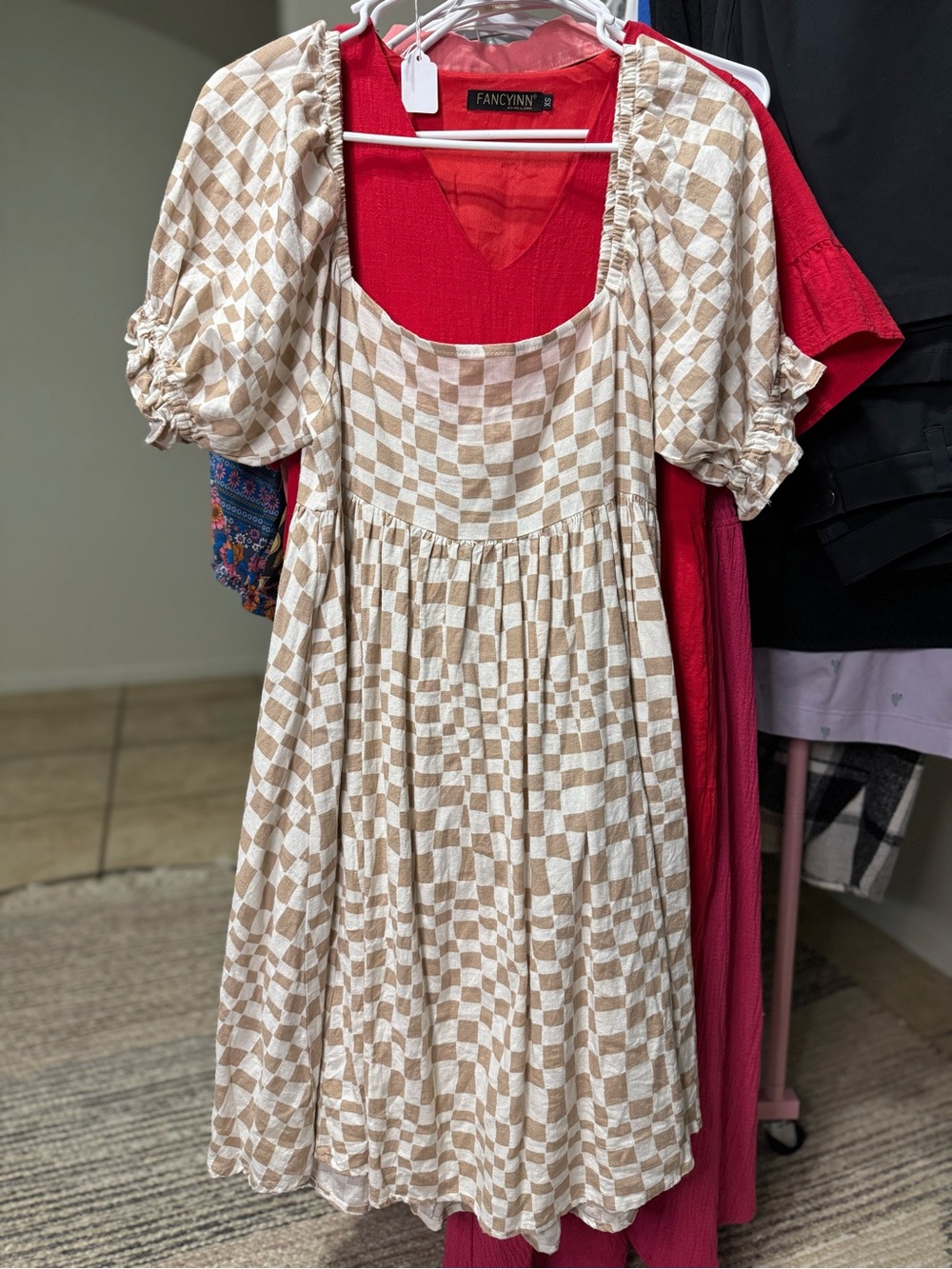 Rylee + Cru Beige & White Checker Puff-Sleeve Mini Dress